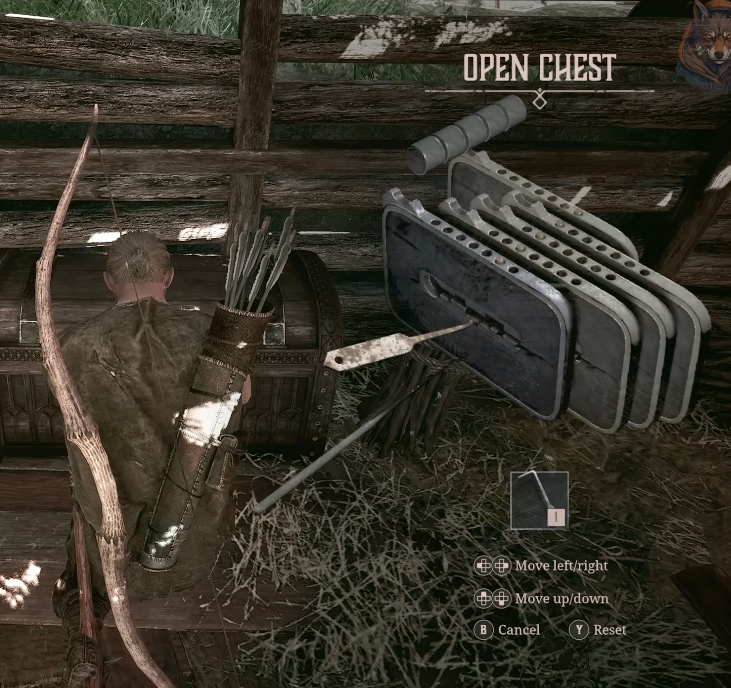 The in-game lockpicking minigame showing the sliding plates of a locked chest